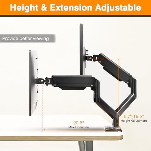 Dual Monitor Arms, Gas Spring Monitor Arms for 2 Monitors up to 34" Curved/Flat, 22lbs per Arm, VESA Mount 75x75 100x100mm, C-Clamp & Grommet Base, Adjustable Tilt/Swivel/Rotation