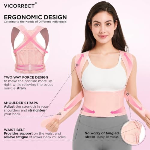 Vicorrect Posture Corrector for Women and Men: Adjustable Back Brace for Upper Back Support - Shoulder Neck Pain Relief - Lightweight Breathable Design (Pink Small)