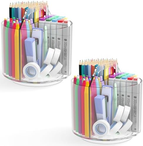 2 Pack Pen Pencil Holder for Kids, Rotating Pen Holder for Desk Organizer, 4 Compartments Art Supply Marker Organizer and Storage, Kids Desk Organizer Marker Holder Caddy Art Supply Organizer for Desk