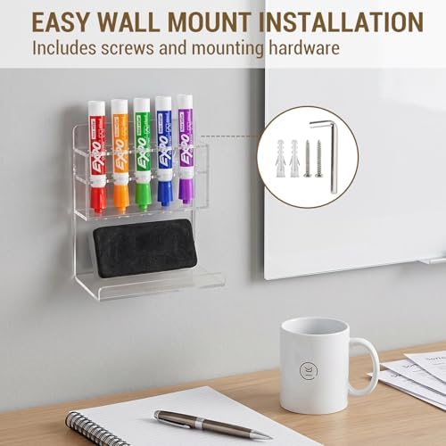 MyGift Clear Acrylic Whiteboard Marker Organizer, Wall Mounted, 5 Slots