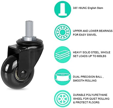 Hirate 2 inch Office Chair Casters Wheel with 3/8"-16UNC Threaded Stem