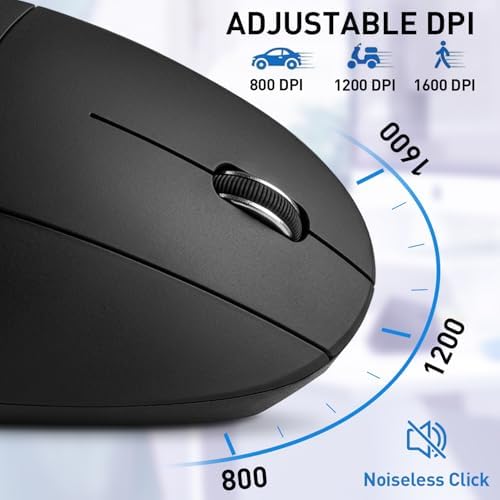 Ergonomic Mouse, Bluetooth and 2.4G Dual Mode Rechargeable Wireless Vertical Mouse, 800/1200/1600 Adjustable DPI, Quiet Clicks,6 Buttons,2.4GHz USB-A Optical Mice for Laptop/MacBook/PC/Desktop-Black