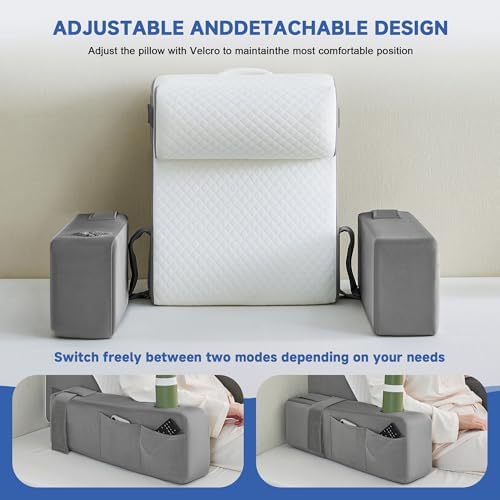 Reading Pillow for Bed, Back Pillow for Bed Sitting Up, Bed Pillows for Sitting Up with Adjustable Armrests, Cup Holder & Large Pocket, Backrest Cushion for Reading, Watching TV (WhiteGray, 4PCS)