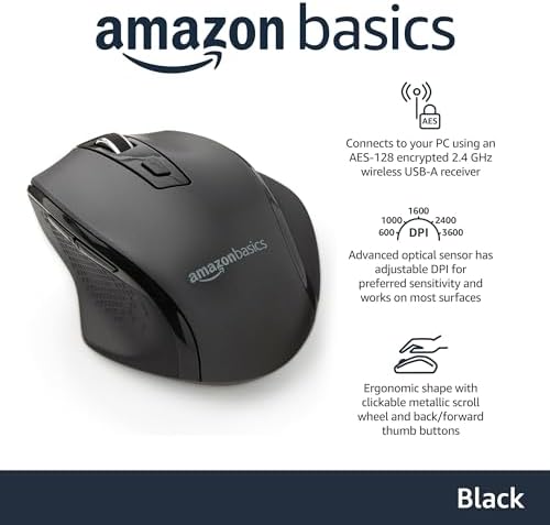 Amazon Basics Portable Wireless Computer Mouse, Ergonomic, 2.4 GHz Optical, DPI Adjustable, Easy to Use, Compatible With PC, Mac, Laptop, Black