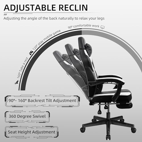 Shintenchi Gaming Chair,Video Game Chair with footrest and Massage Lumbar Support,Height Adjustable Game Chair with 360°Swivel Seat Ergonomic Computer Chair with Headrest for Office or Gaming(White)