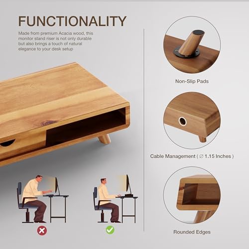 Tinamo Acacia Monitor Stand with Drawer, Multi-Purpose Storage (Patented)
