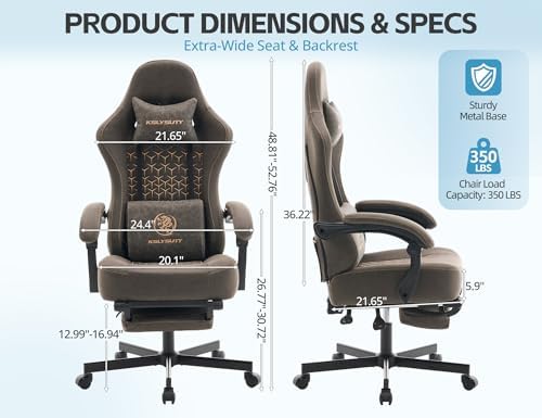 Office Chair for Home Office, Ergonomic Wide Seat Desk Chair with Pocket Spring Cushion, Breathable Leather Gaming Chair with Adjustable Headrest and Retractable Footrest，Grey