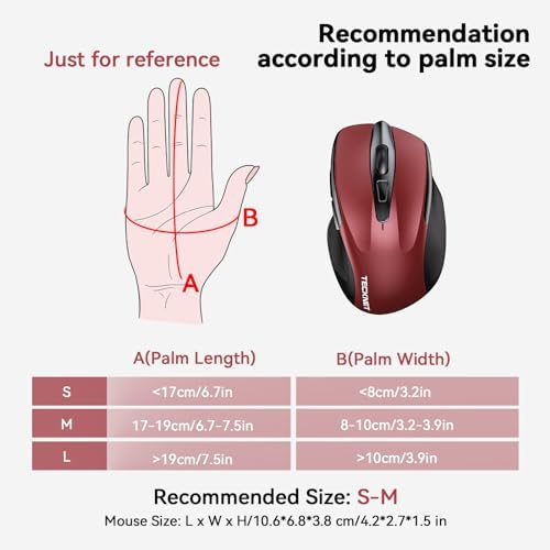 TECKNET Wireless Mouse, BT 5.0/2.4G, Silent 4800 DPI 6 Buttons, Red