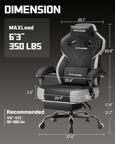 GTPLAYER Big & Tall Gaming Chair, Wide Seat with Footrest, Black