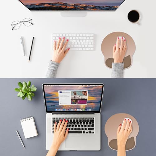 ITNRSIIET Ergonomic Mouse Pad with Wider Memory Foam Wrist Rest +17% - Curved Cushion Reduces Pressure 20%, Pain Relief, Non-Slip, Smooth, Cute Colors, 9.85 x 9 in, Soft Brown