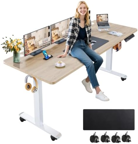 farexon 63x24 in Electric Adjustable Standing Desk with Mouse Pad, Oak Gray