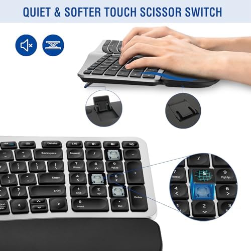 MK960 Ergo Wireless Keyboard Mouse Combo, Bluetooth/2.4G Split Design Keyboard with Palm Rest and 4 Level DPI Adjustable Wireless Mouse, Multi-Device, Rechargeable, for Windows/Mac/Android(Silver)