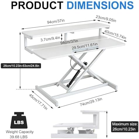 Stand Up Desk Riser, 37-Inch, Adjustable Height Stand Up Desk Converter Double Monitor and Laptop Riser Workstation for Workstation Computer Table Sitting, White