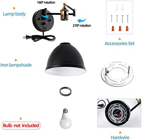 Swing Arm Wall Sconces, Plug-in Wall lamp,Bedroom Wall lamp ， White Fabric Shade，，with dimmable Switch and USB Charging Port, Suitable for Bedside, Living Room, Reading (Metallic Black)