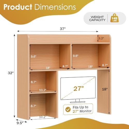 SUPER DEAL Desktop Bookshelf, Countertop Storage Hutch with 3 Shelves for Computer Desk, 2-Tier Display Rack, Multipurpose Wood Desk Hutch Storage Organizer for Home Office Dorm, Natural
