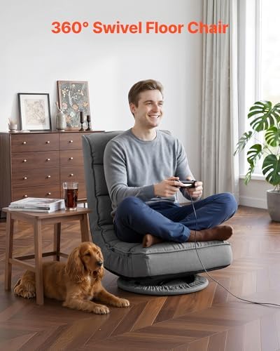 VEVOR Swivel Floor Gaming Chair, 360-Degree Rotating Floor Chair with 4 Adjustable Position Folding Backrest, Metal Frame with Recycled Foam and Linen Fabric, for Watching TV, Reading, Relaxing, Gray