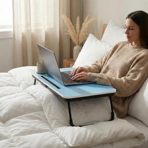 BUYIFY 23.4" Foldable Lap Desk Bed Table with Cup Holder Tray Blue