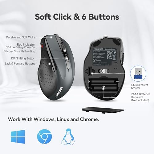 TECKNET Wireless Mouse, 2.4G Ergonomic Computer Mouse, 2600 DPI, Grey