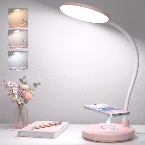 Pink Desk Lamp, Cute Desk Lamp for Girls, Wireless Charger, Dorm