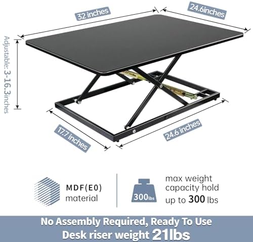 32in Desk Riser for Standing or Sitting, Large Standing Desk Converter, Height Adjustable Sit Stand Desk Converter, Fully Assembled Monitor Laptop Riser Workstation for Home Office, Black