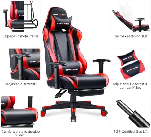 GTPLAYER Gaming Chair with Footrest, Ergonomic Computer Game Desk Chair, Reclining Gamer Chair Seat Height Adjustment, Swivel Rocker with Headrest and Lumbar (Brickred)
