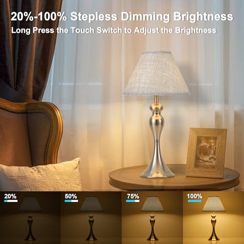 Cordless Table Lamp Rechargeable, Battery Night Light Fabric Shade, Nickel