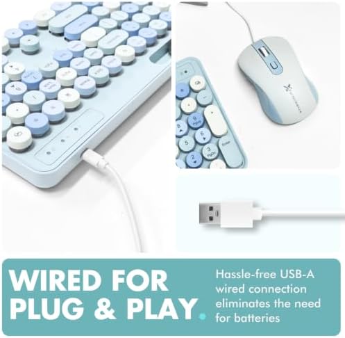 X9 Wired Keyboard and Mouse Combo with Backlight - Retro Typewriter Round Keycaps, Phone/Tablet Dock, 109 Fullsize Keys, Cute Colorful Blue Keyboard, Pastel Keyboard for Laptop, PC and Chromebook