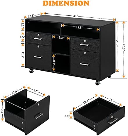 VINGLI Wood Mobile File Cabinet with 4 Drawers and Shelves, Printer Stand with Open Storage, Locking Lateral Filing Cabinet for Home Office, Black