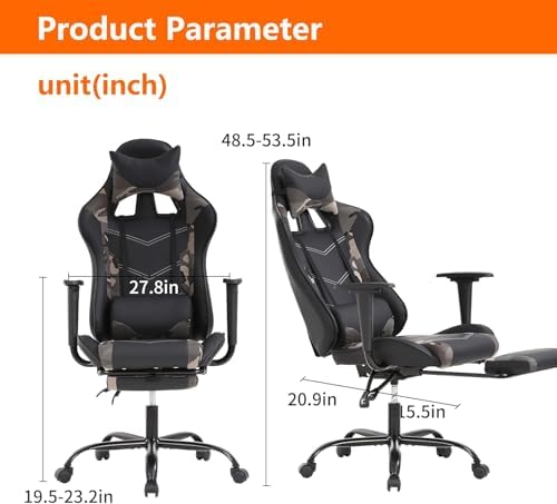 PC Gaming Chair with Footrest, Ergonomic Home Office Chair with Lumbar Support & Headrest Pillow, Camo