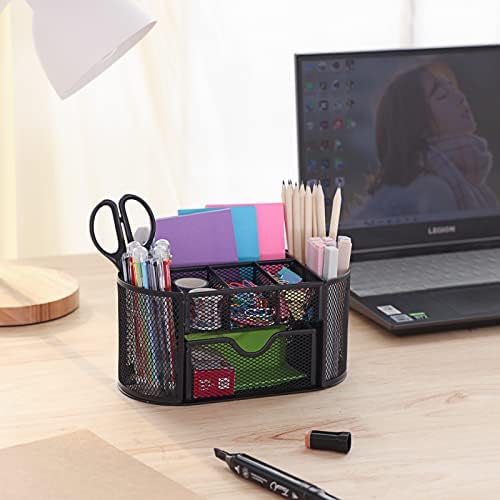 EOOUT Desk Organizer Black Mesh Pencil Holder 8 Compartments 1 Drawer
