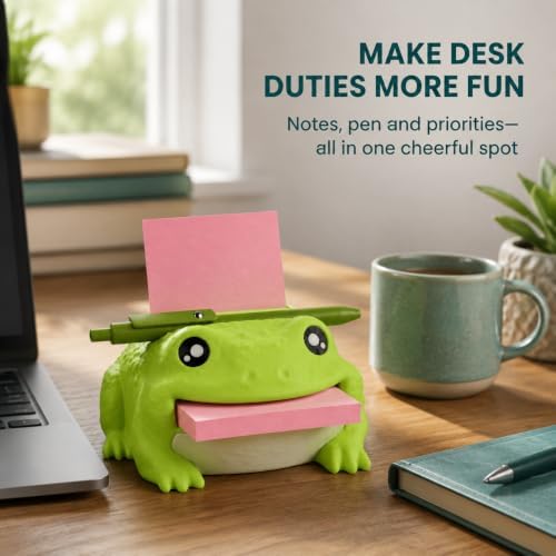 Note Toad - Desk Organizer & Note Holder, 3D Printed Frog Sticky Memo Block Dispenser with Pen Rest, 3 Reusable Stencils and Top Reminder Slot for Office Workspace, Reception Counter and Lover Gift