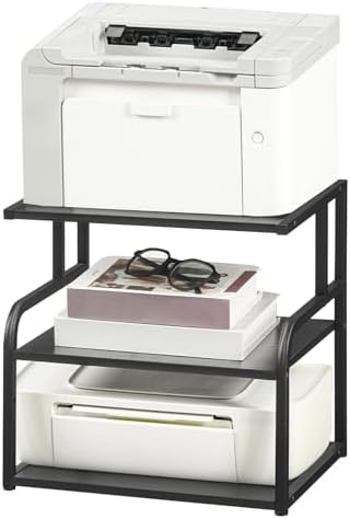 HOOBRO Printer Stand, 3-Tier Desktop Printer Table, Under Desk Printer Storage Office Organizer, Storage Rack with Adjustable Shelf, for Home Office, Kitchen, Living Room, Black BB06PS01
