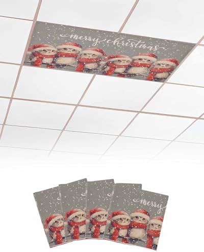 Christmas Red Magnetic Fluorescent Light Covers for Ceiling Lights 2 x 4 Feet,Snowflakes Vintage Owl Watercolor Grey Office Classroom Kitchen Drop Ceiling Light Covers Filters Shade Panel 4 Packs