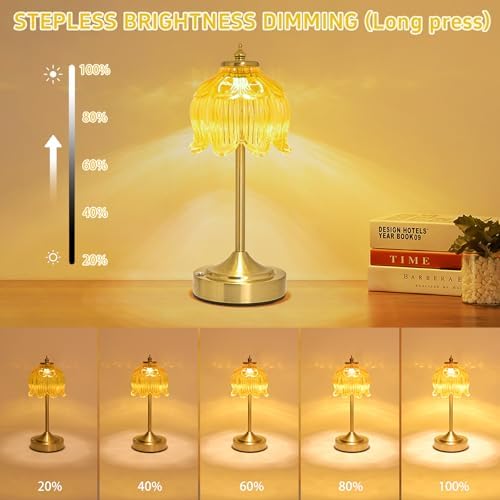 Cordless Table Lamp, Rechargeable Honey Gold Glass Lotus Flower Lamp