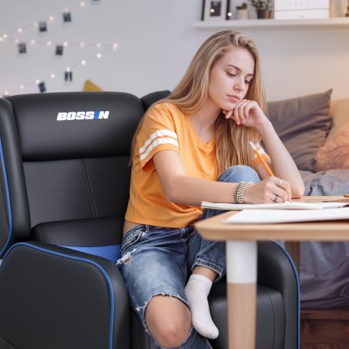 BOSSIN 400lbs Big and Tall Gaming Recliner Chair, PU Leather Seating, Blue