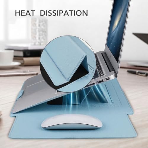 4-in-1 Laptop Sleeve with Stand and Mouse Pad, Faux Leather Protective Case with Accessory Pouch for 13.3-14 Inch Laptops (Sky Blue)