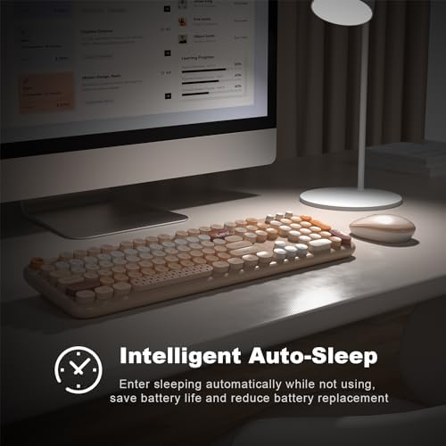 MOFII Wireless Keyboard and Mouse Combo, Full Size 2.4G Plug and Play Typewriter Retro Round Computer Keyboard and Mouse Set for Windows, Computer, Desktop, PC, Notebook - (Milk Tea Colorful)