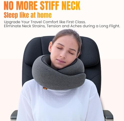 LOEXAIR™ Travel Pillow, Neck Pillow Travel for Airplane, Car - 100% Cotton Fabric & Memory Foam Plane Pillow, Lightweight & Easy-to-Carry on Flight, Full Travel Set (Eye Mask, Earplugs) - Dark Grey