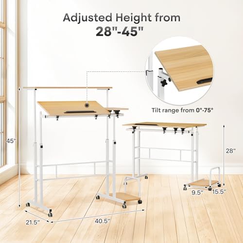 Athena Collection Rolling Standing Desk with CPU Holder, Natural