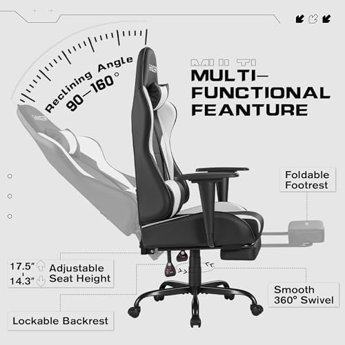 Homall Gaming Chairs, Computer Chair with Footrest and Massage Lumbar Support, Height Adjustable Game Chair with Headrest and Swivel Seat (White)