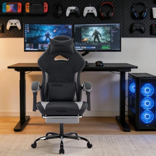 Gaming Chair with Footrest and Massage Lumbar Support, Ergonomic Computer Gamer Chair, Office Video Game Chairs with Adjustable Height and Backrest (BlackGrey)