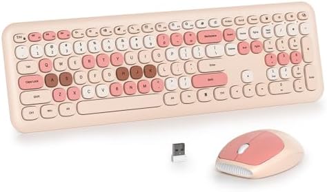 Surmen Cute Colorful Beige Keyboard and Mouse Wireless Silent, Full-Size Retro Typewriter Wireless Quiet Slim Keyboard Low-Noise 2.4GHz for Computer, Desktop, Laptop(Beige)