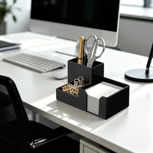 HBlife Acrylic Pen Holder for Desk, 3-Compartment Small Desk Organizer, Black Office Supplies Desk Accessories with Sticky Notes Holder Stores Post It Notes 3X3 for Office, Home and School