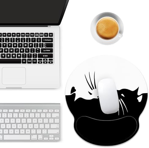 White Black Cat Ergonomic Mouse Pad with Wrist Rest for Desk Work Office