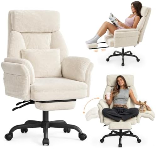ELABEST C57 Ergonomic Reclining Office Chair with Footrest,Velvet Desk Chairs with 6-Stage Adjustable Wing Armrests for Cross Legged Sitting, Pet-Friendly High Back Lounge Gaming Chair for Home Office