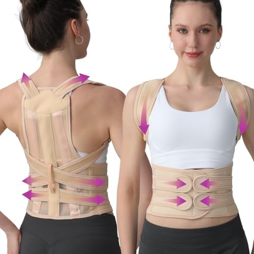 Posture Corrector for Women and Men, Adjustable Shoulder Straightener with Full Back Support, Relief for Lower & Upper Back Pain, Spine, Scoliosis Relief (Beige, Medium)