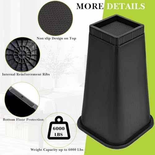 6 Pack Furniture Risers 10 Inch, Bed Risers Heavy Duty for Table Desk Couch Chair Sofa Cabinet Bed Frame Dorm, Square Table Leg Risers Lift Height 10", Black