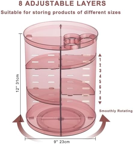 Rotating Makeup Organizer, DIY 8 Adjustable Layers Spinning Skincare Storage, Cosmetic Display Case with Brush Holder and Perfume Tray, Multi-Function Vanity Bathroom Countertop Organizer Clear Pink
