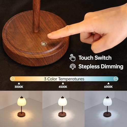 Shenmoyl Tulip Table Lamp with 5200mAh Battery & Touch Control, Small Cordless Table Lamp with 3 Colors, Rechargeable Battery Operated Table Lamps for Bedroom, Desk, Bedside (White-Walnut Color)
