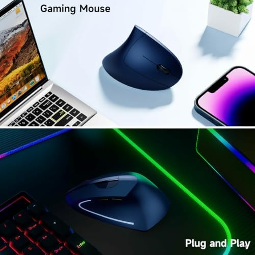 Ergonomic Vertical Wireless Mouse Stylish Rechargeable 2.4G Optical Mice Cordless Mouse with USB Receiver, 800/1200 /1600 DPI, 5 Buttons for Laptop,PC,Mac,Computer (Blue)